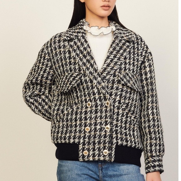 Sandro Coat Horia Double Breasted Oversized Tweed in Black White Plaid